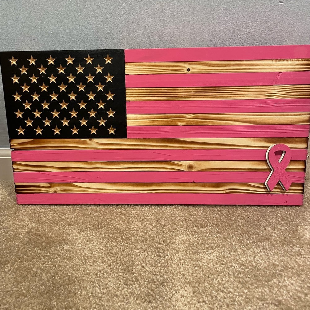 Breast Cancer Awareness Wooden American Flag Wall Art